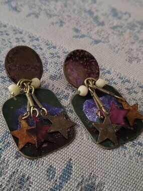 VTG 1980s Celestial Patina Star Dangle Earrings Made in India Brass OOAK